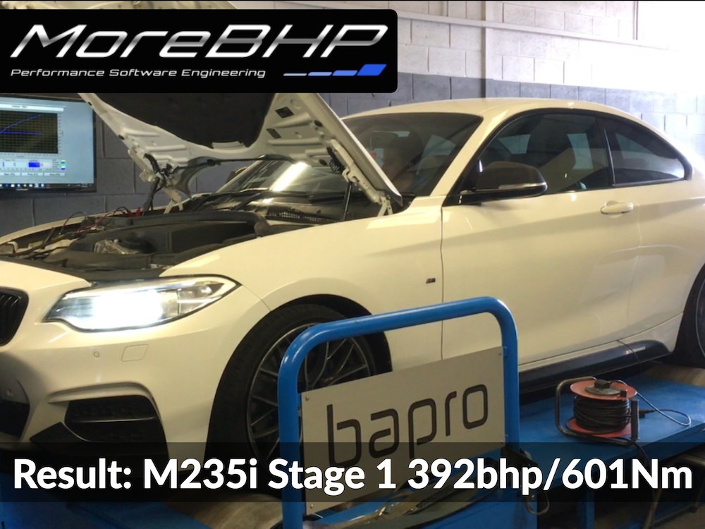 An M235i remap on the rolling road at MoreBHP. Results 392bhp and 601Nm torque.