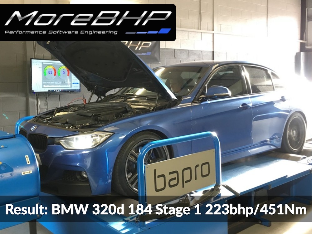 A picture showing a Blue F-Series BMW 320d 184 being remapped on the rolling road at MoreBHP in Crewe, results of the remap are shown as 223bhp and 451Nm of torque.