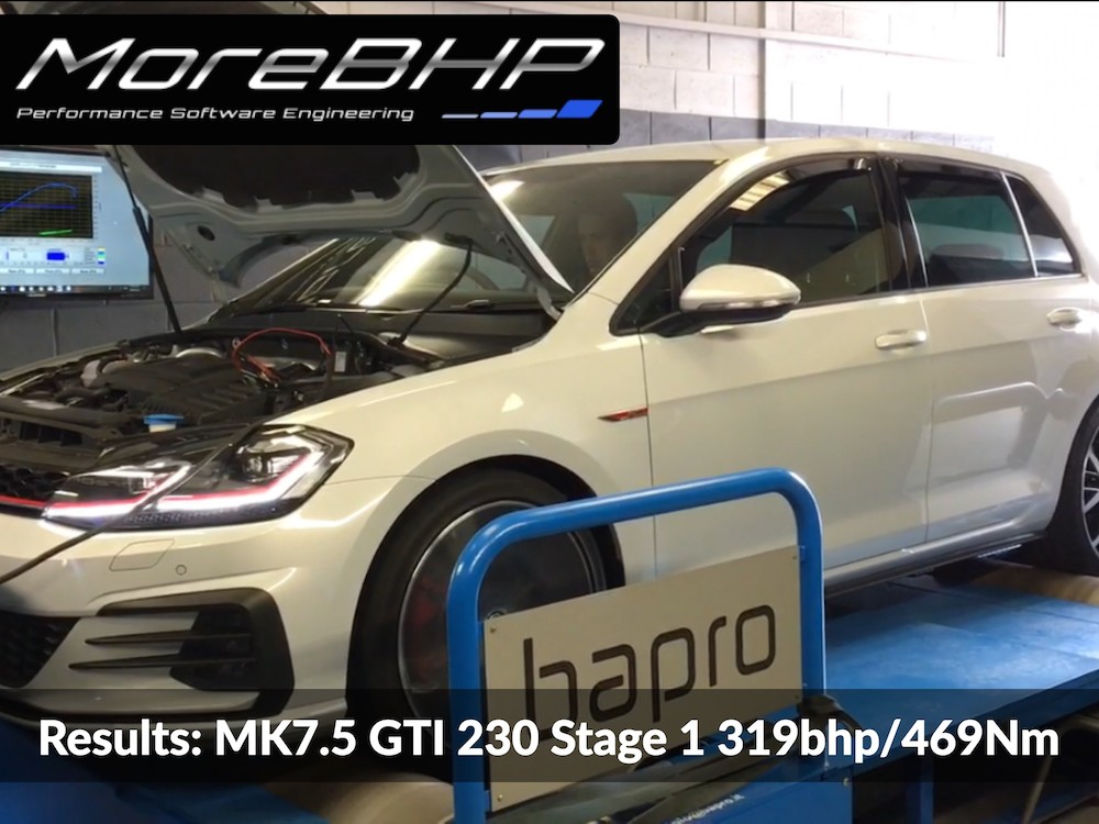 A MK7.5 GTI 230 Performance 2.0TSI EA888 MQB Stage 1 Remap on the rolling road at MoreBHP in Crewe