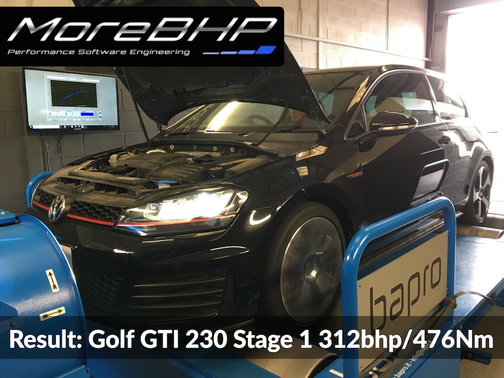 A MK7.5 Golf GTI 230 being remapped to 312bhp on the rolling road at MoreBHP