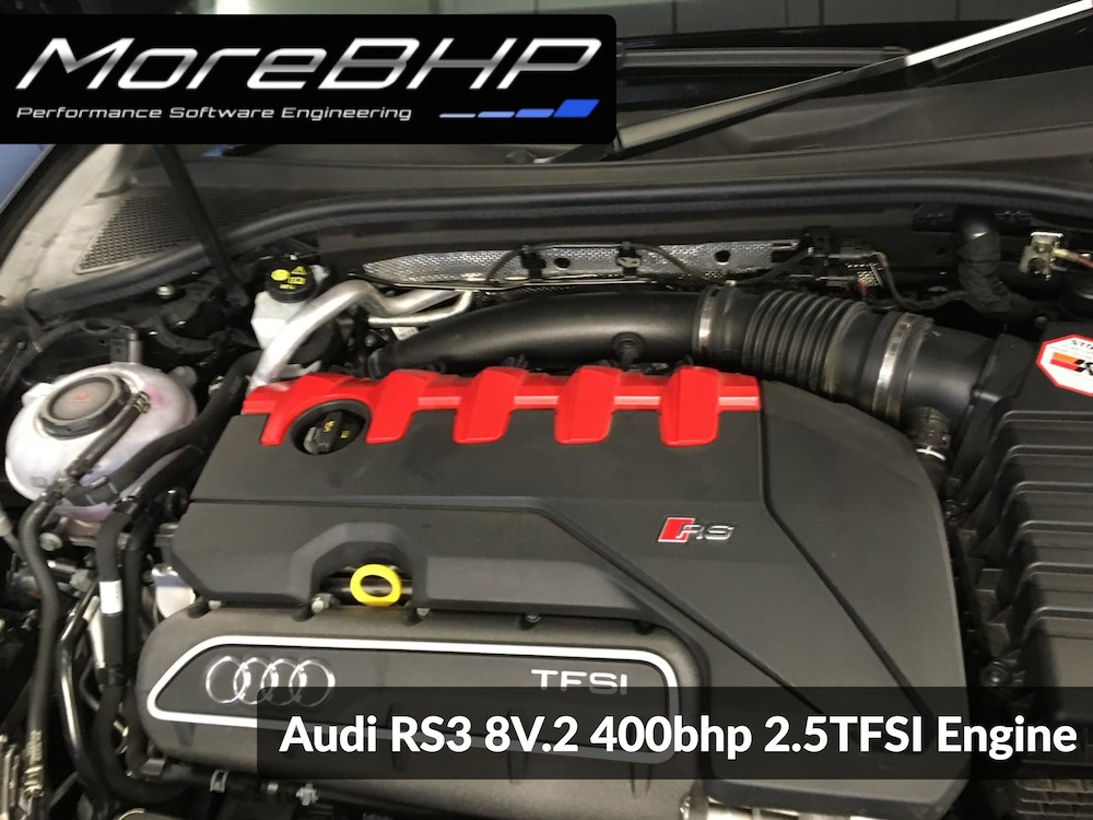 An Audi RS3 engine bay photo taken at MoreBHP during a remap.