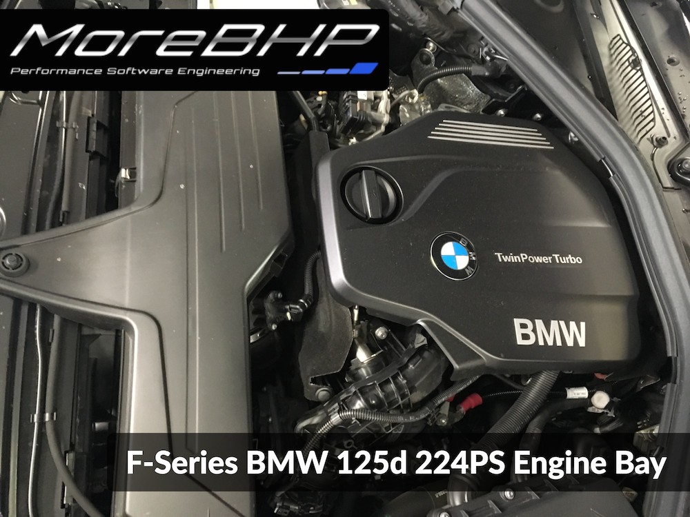 A picture taken of an F-Series BMW 125d engine bay whilst it was on the rolling road at MoreBHP having a remap.