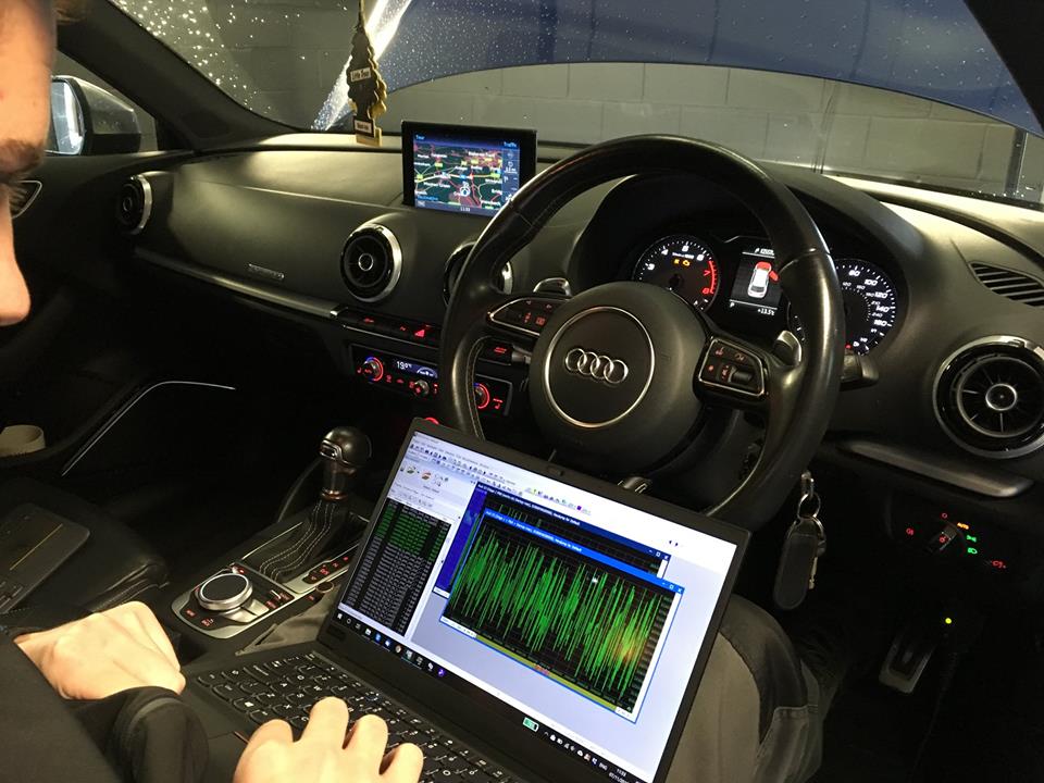 A MoreBHP Engineer making a Custom Remap for an Audi S3 8V 300 live on the Bapro 4WD Rolling Road at HQ in Crewe